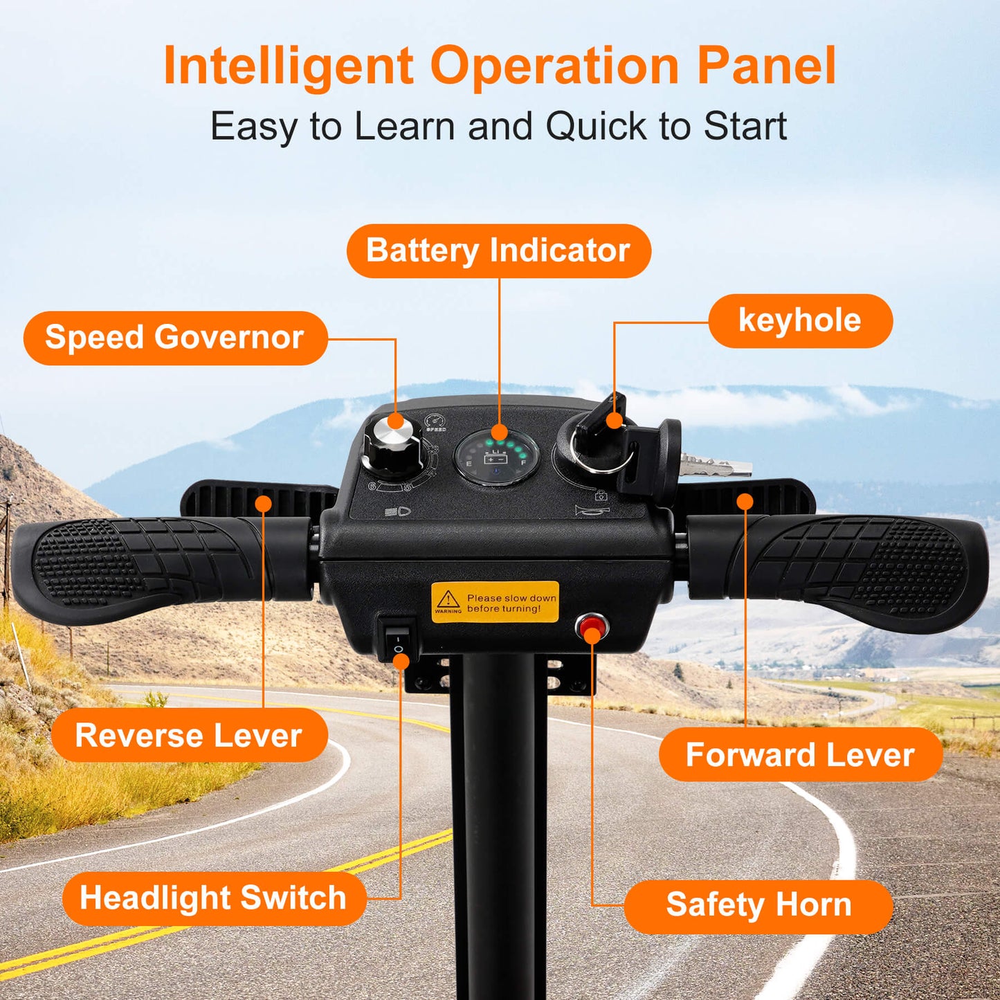 Intelligent operation panel introduction, power indicator, speed adjustment button, headlight switch and so on.