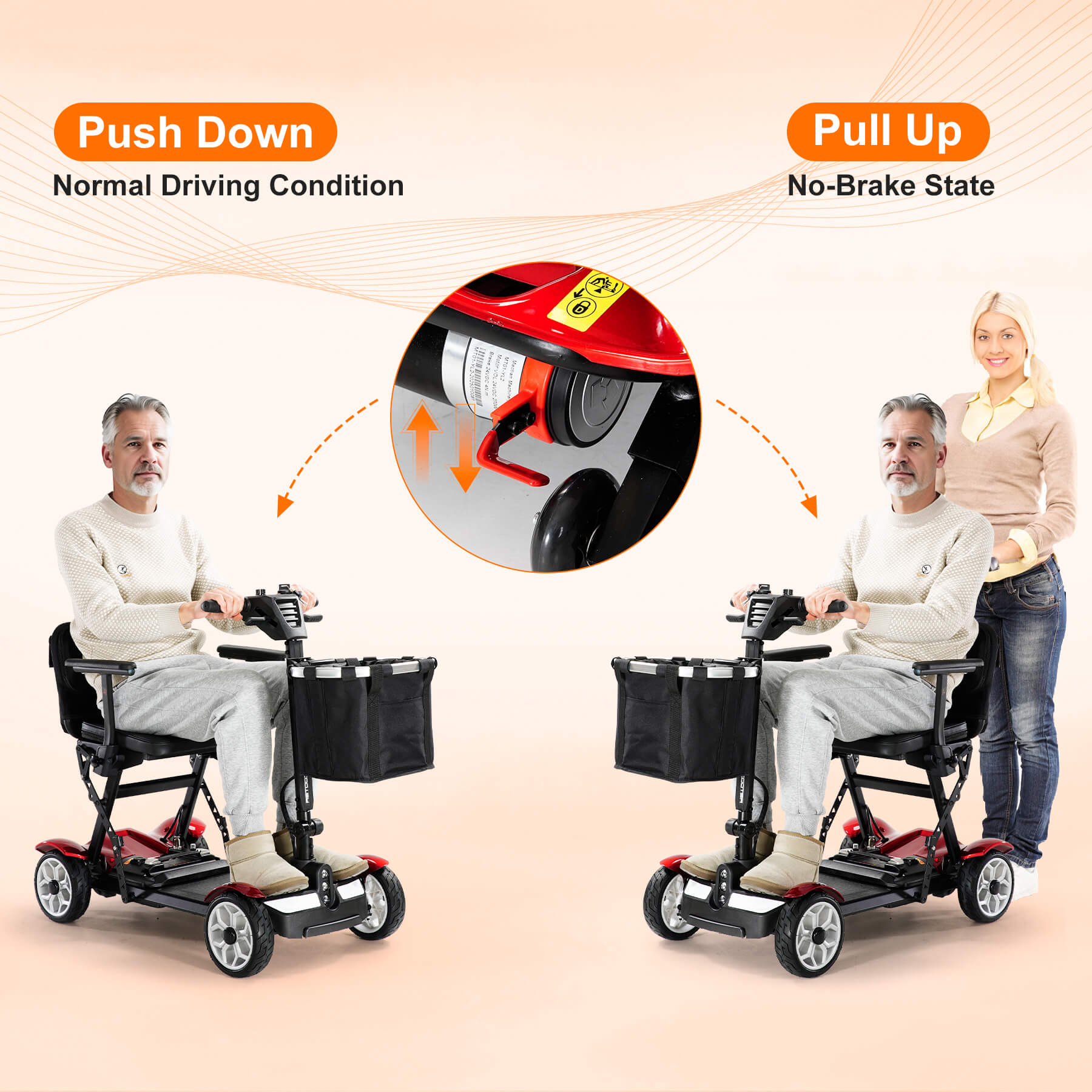 It can be switched to a non-braking state to push the scooter forward.