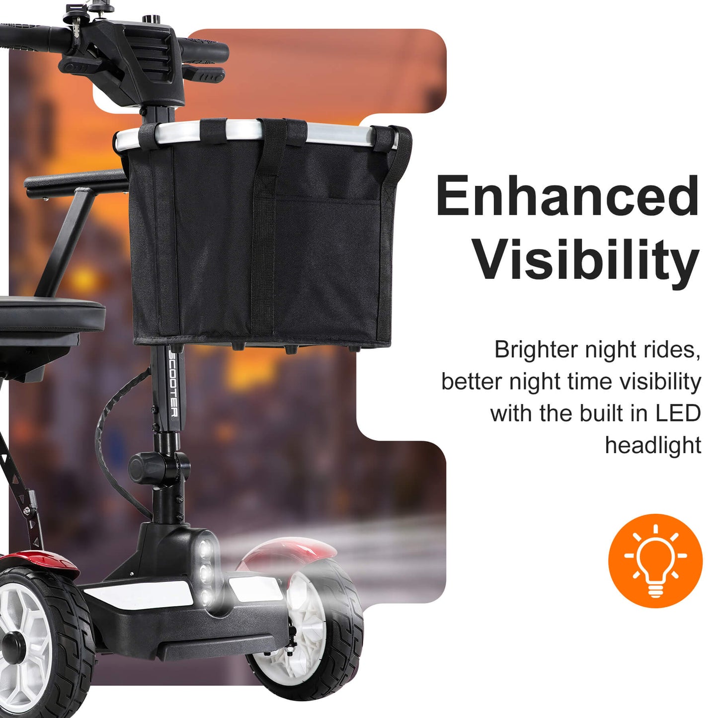 The scooter has lights on the front to improve visibility for nighttime driving.