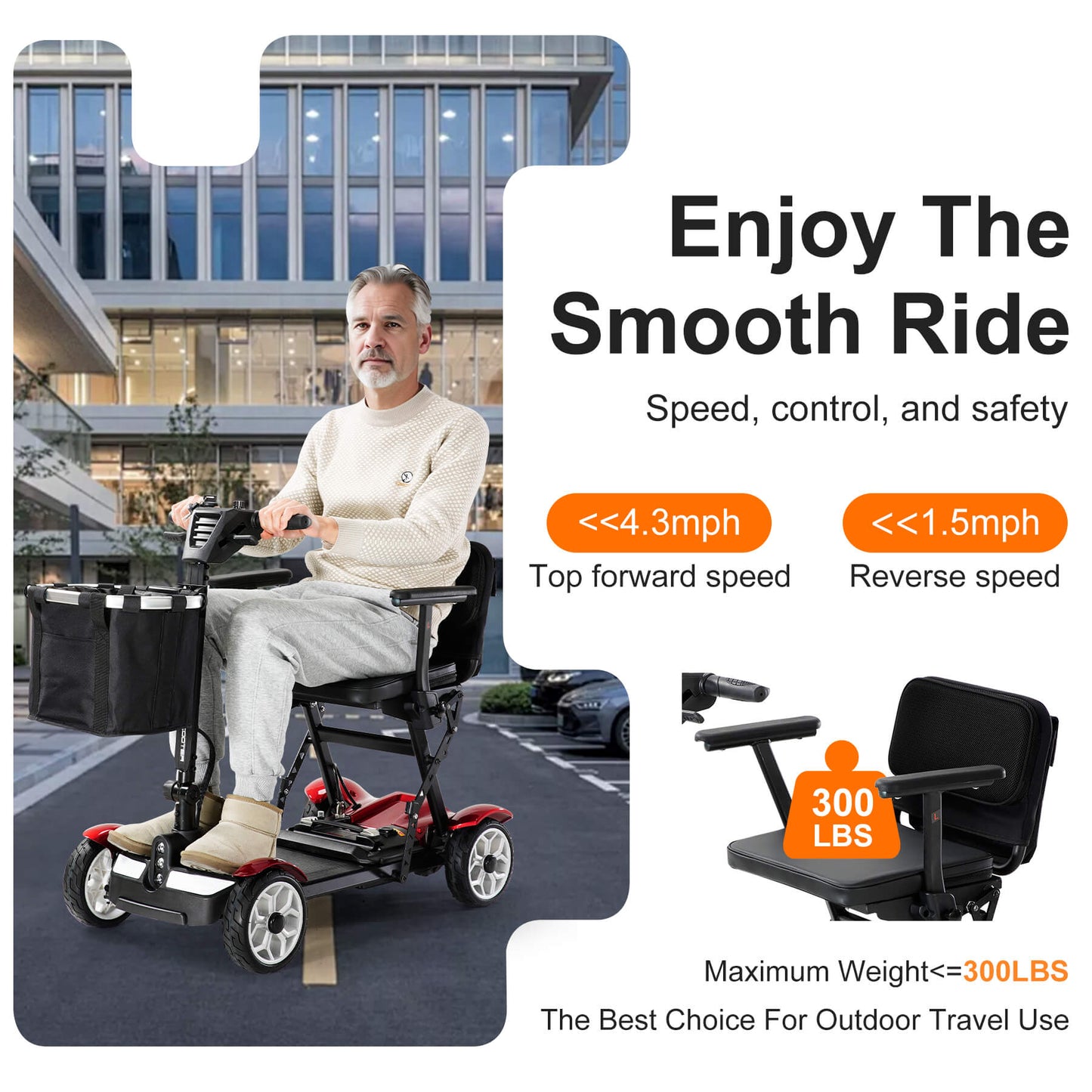 Holds 300 lbs, up to 4.3 mph forward and 1.5 mph reverse. Speed is adjustable.