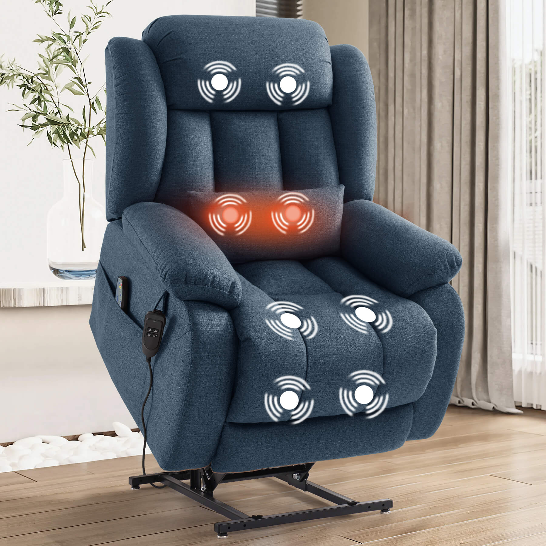 Blue upholstered lift recliner chair with massage and heating functions, shown in a fully lifted, standing-assist position in a living room setting.