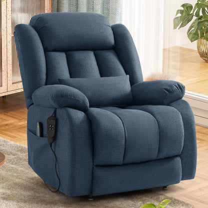 A blue upholstered recliner chair with a matching lumbar pillow, shown in an indoor room. A small control panel is attached to the side of the chair.