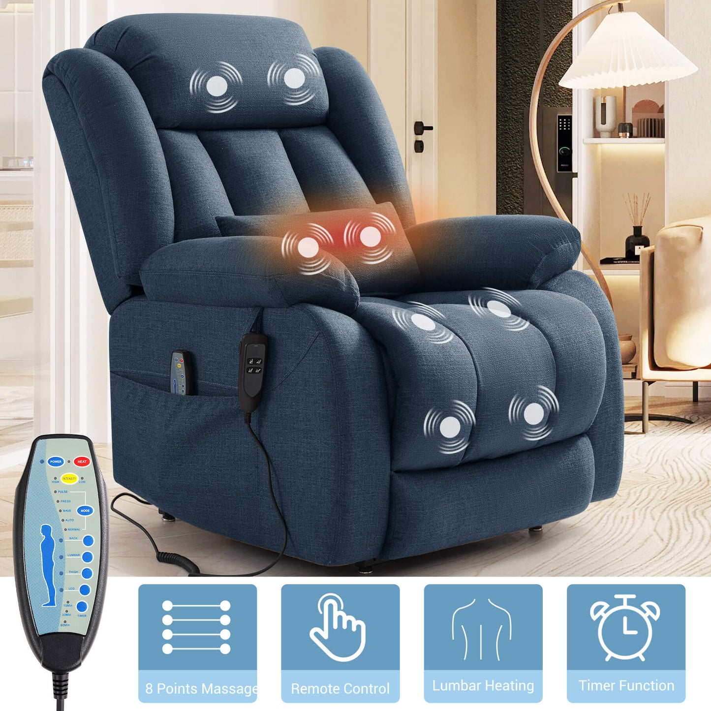 Blue fabric recliner chair with built-in massage and lumbar heating controls, shown in a living room setting with a remote control and feature icons along the bottom.