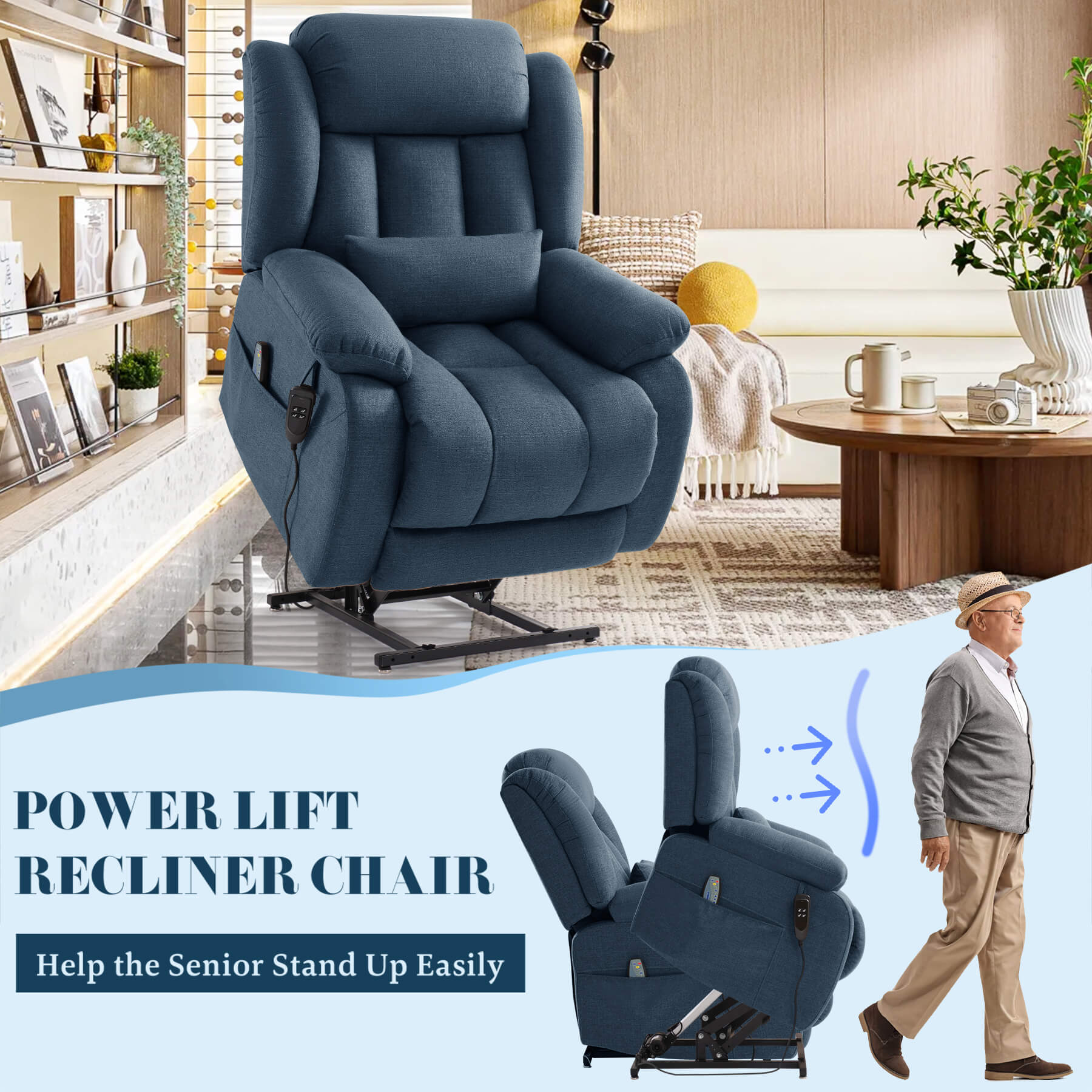 Blue upholstered power lift chair shown in a modern living room setting, with a smaller inset showing the chair raised to help an elderly man stand up.