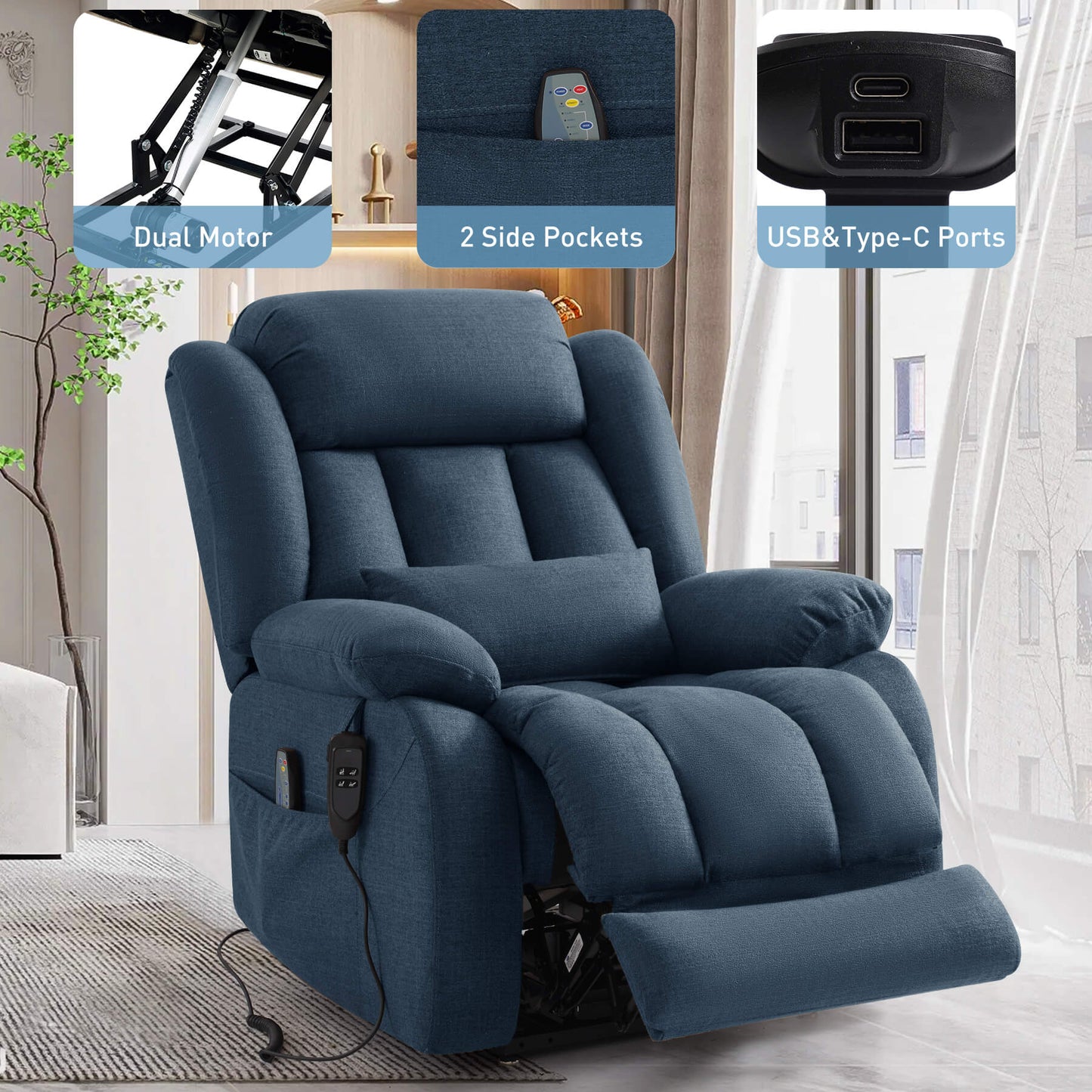 A blue fabric recliner chair with its footrest partially raised, shown in an indoor room. Three inset callout panels at the top highlight features: a dual motor mechanism, side pockets, and USB/Type-C charging ports.