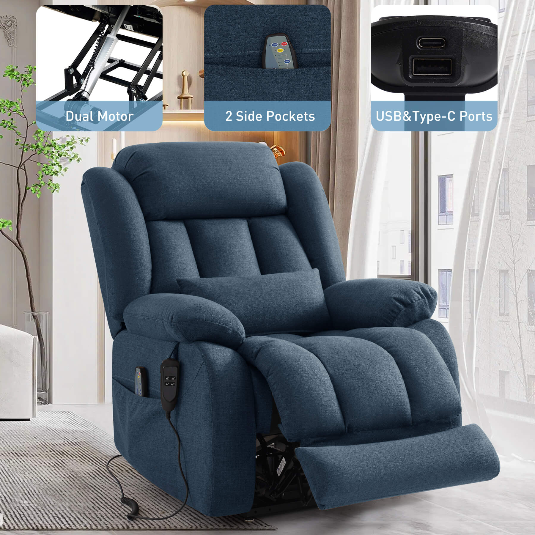 A blue fabric recliner chair with its footrest partially raised, shown in an indoor room. Three inset callout panels at the top highlight features: a dual motor mechanism, side pockets, and USB/Type-C charging ports.