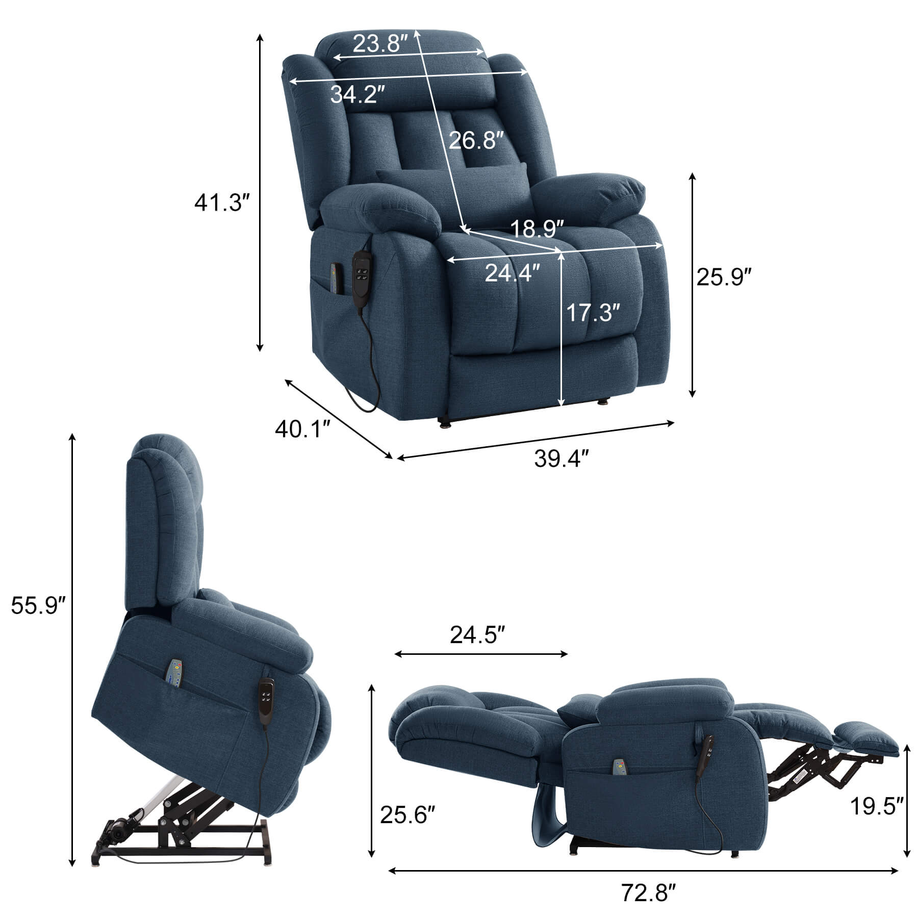 Blue electric lift recliner size data. Overall dimensions: 39.4 x 40.1 x 41.3 inches, Weight capacity: 350 lbs.