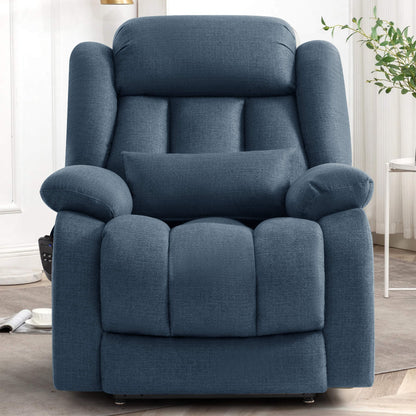 A plush high-back dual motor recliner chair upholstered in blue linen fabric, shown in a bright living room.