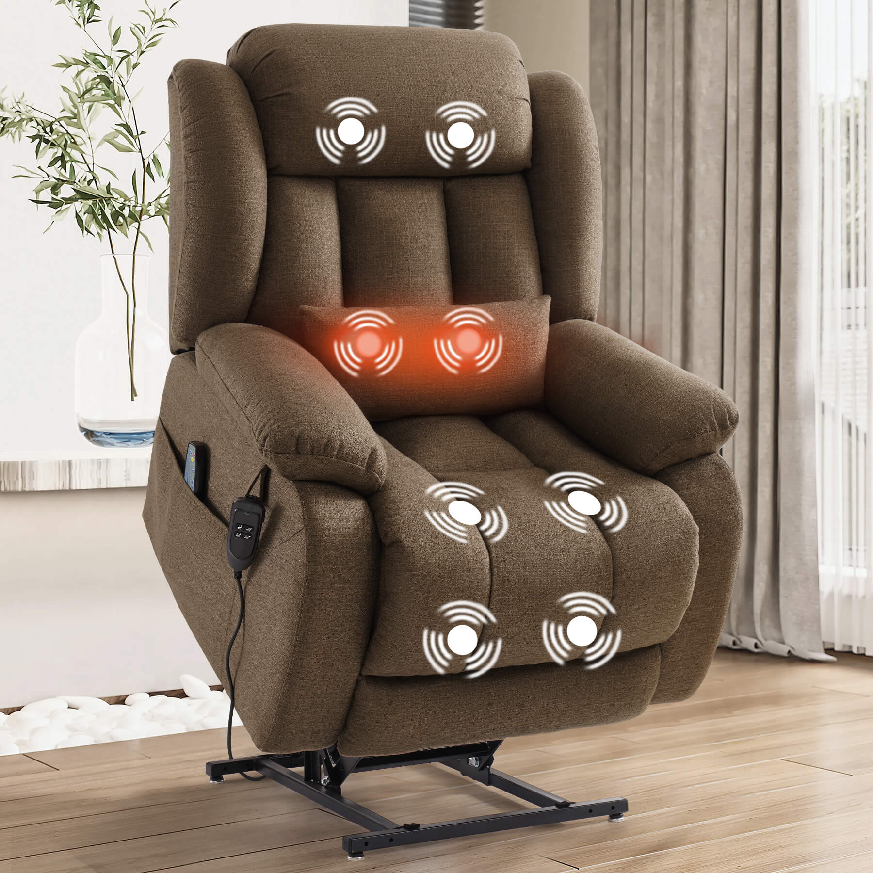 Brown upholstered lift recliner chair with massage and heating functions, shown in a fully lifted, standing-assist position in a living room setting.