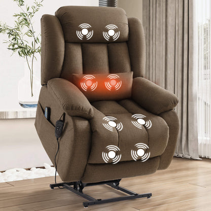 Brown upholstered lift recliner chair with massage and heating functions, shown in a fully lifted, standing-assist position in a living room setting.