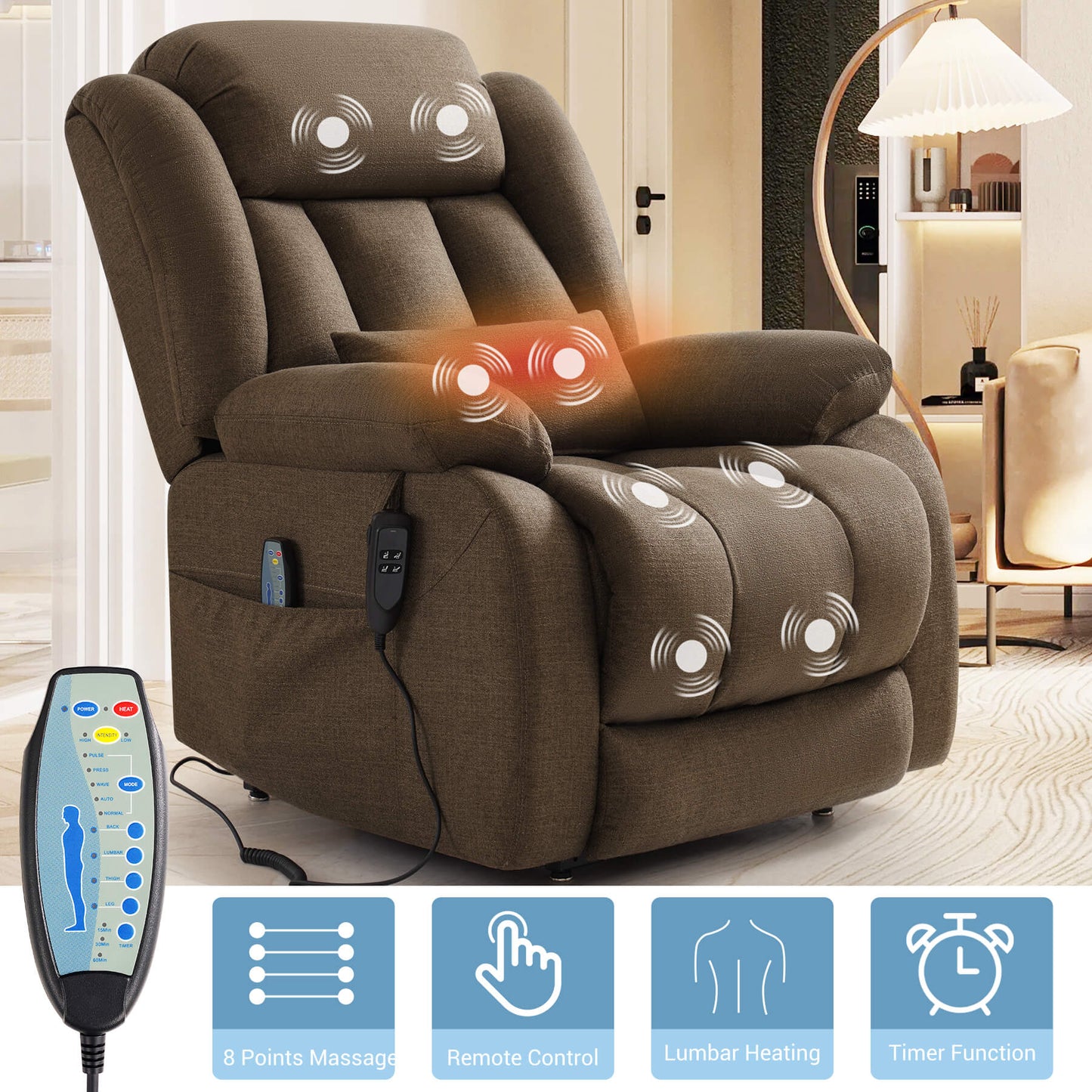 Brown fabric recliner chair with built-in massage and lumbar heating controls, shown in a living room setting with a remote control and feature icons along the bottom.