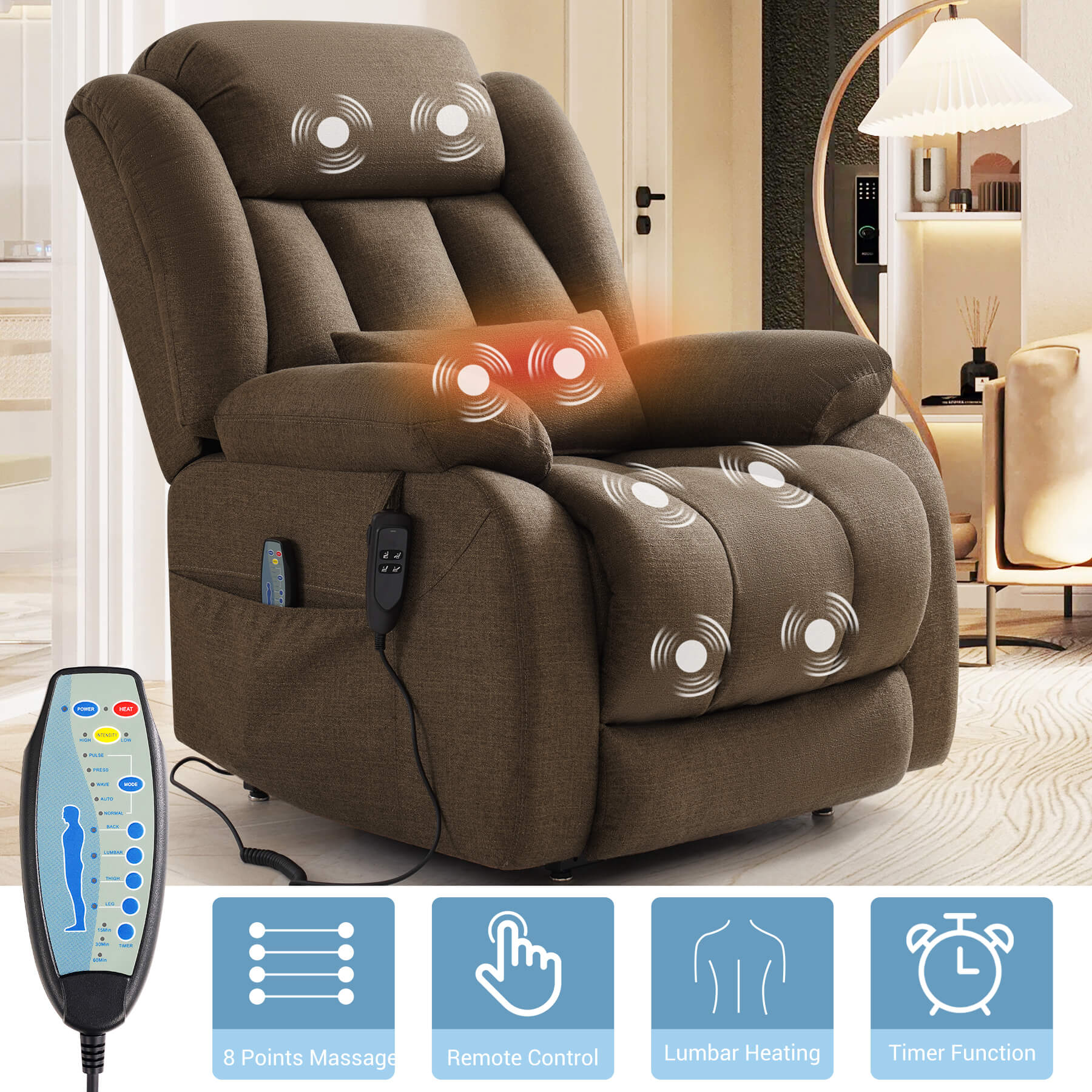Brown fabric recliner chair with built-in massage and lumbar heating controls, shown in a living room setting with a remote control and feature icons along the bottom.