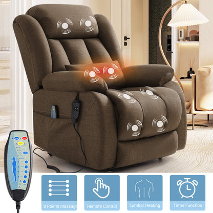 Brown fabric recliner chair with built-in massage and lumbar heating controls, shown in a living room setting with a remote control and feature icons along the bottom.