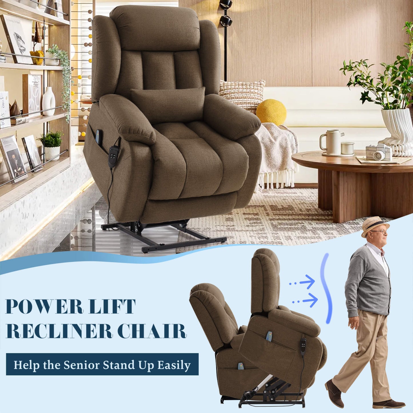 Brown upholstered power lift chair shown in a modern living room setting, with a smaller inset showing the chair raised to help an elderly man stand up.