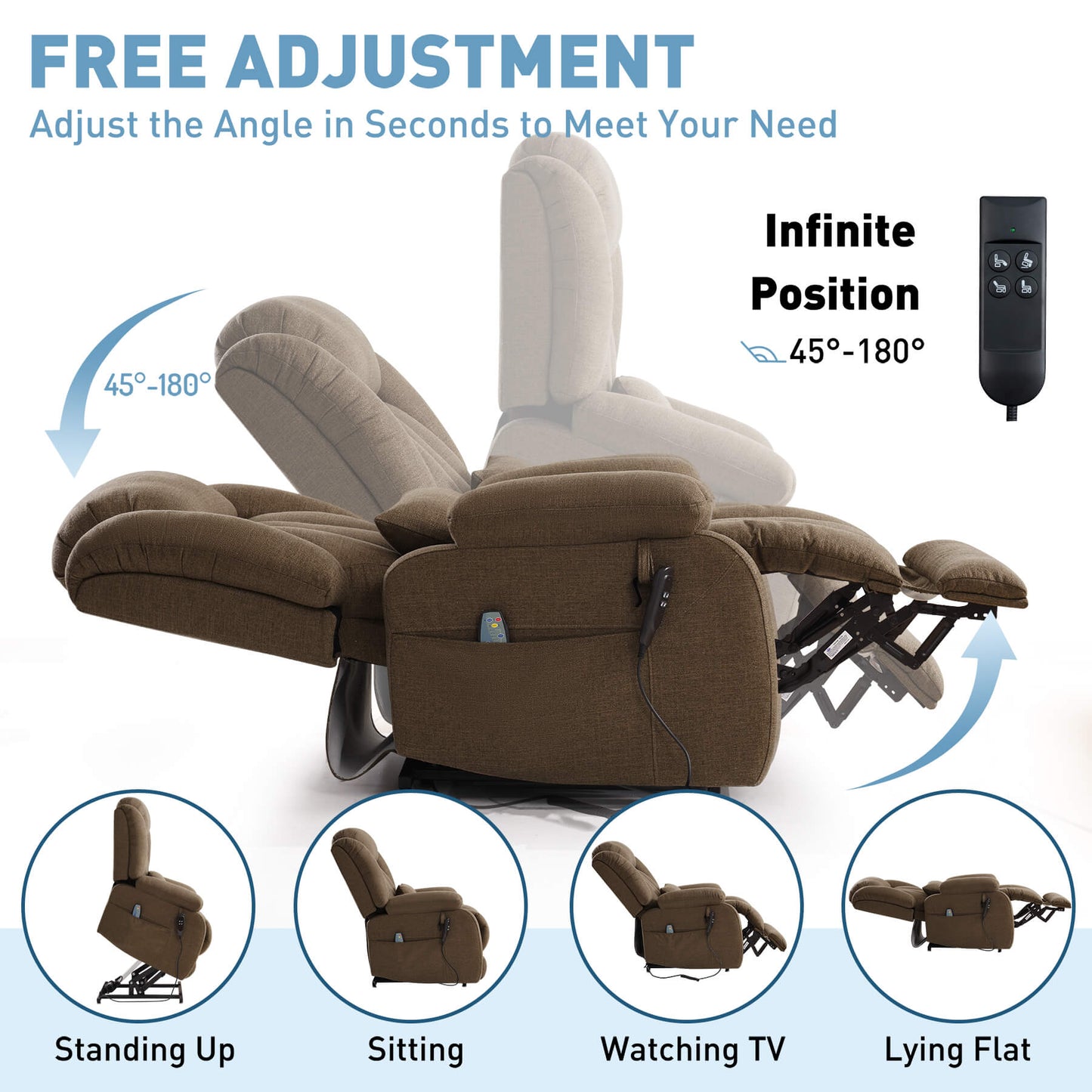 Brown fabric lift chair shown in multiple reclined positions with text explaining adjustable angle and remote control, plus four circular inset views showing standing up, sitting, watching TV, and lying flat.
