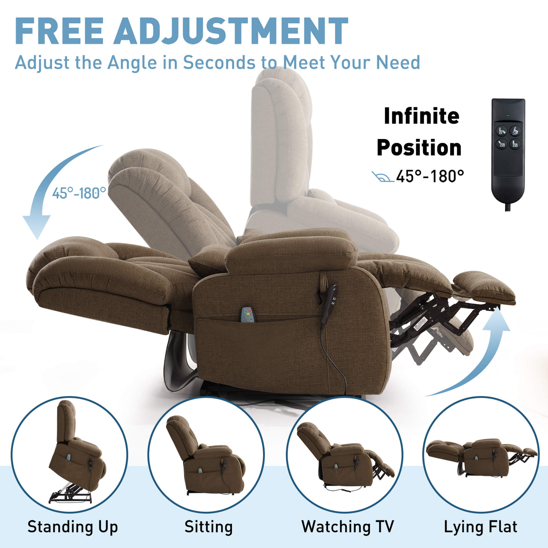Brown fabric lift chair shown in multiple reclined positions with text explaining adjustable angle and remote control, plus four circular inset views showing standing up, sitting, watching TV, and lying flat.