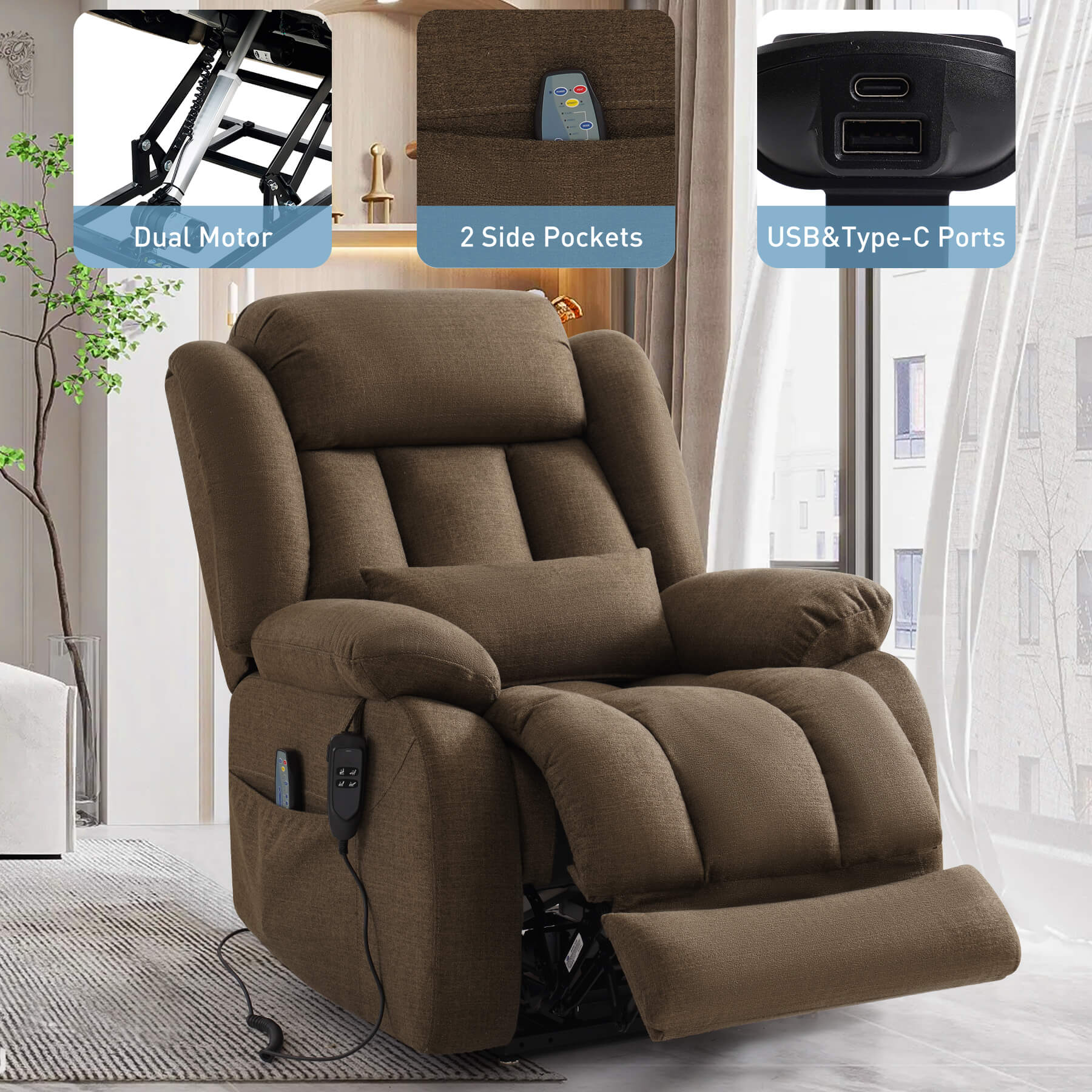 A brown fabric recliner chair with its footrest partially raised, shown in an indoor room. Three inset callout panels at the top highlight features: a dual motor mechanism, side pockets, and USB/Type-C charging ports.