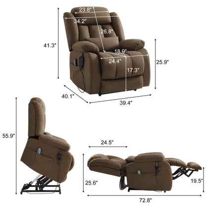 Brown electric lift recliner size data. Overall dimensions: 39.4 x 40.1 x 41.3 inches, Weight capacity: 350 lbs.