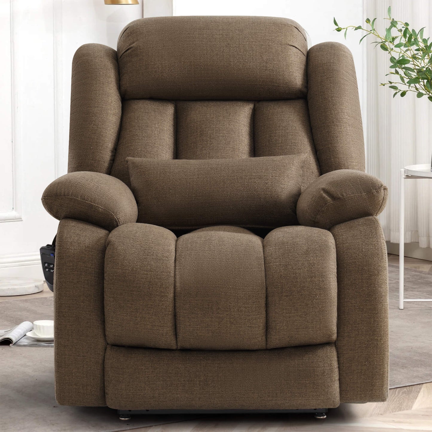 A plush high-back dual motor recliner chair upholstered in brown linen fabric, shown in a bright living room.
