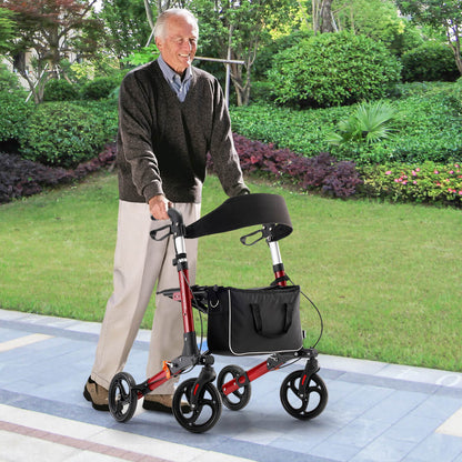 4-wheel lightweight foldable rollator walker with seat for seniors, all terrain, height adjustable, with storage bag, red