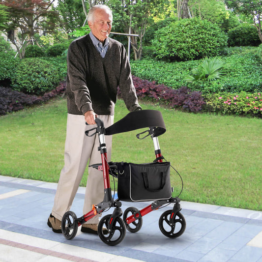 4-wheel lightweight foldable rollator walker with seat for seniors, all terrain, height adjustable, with storage bag, red