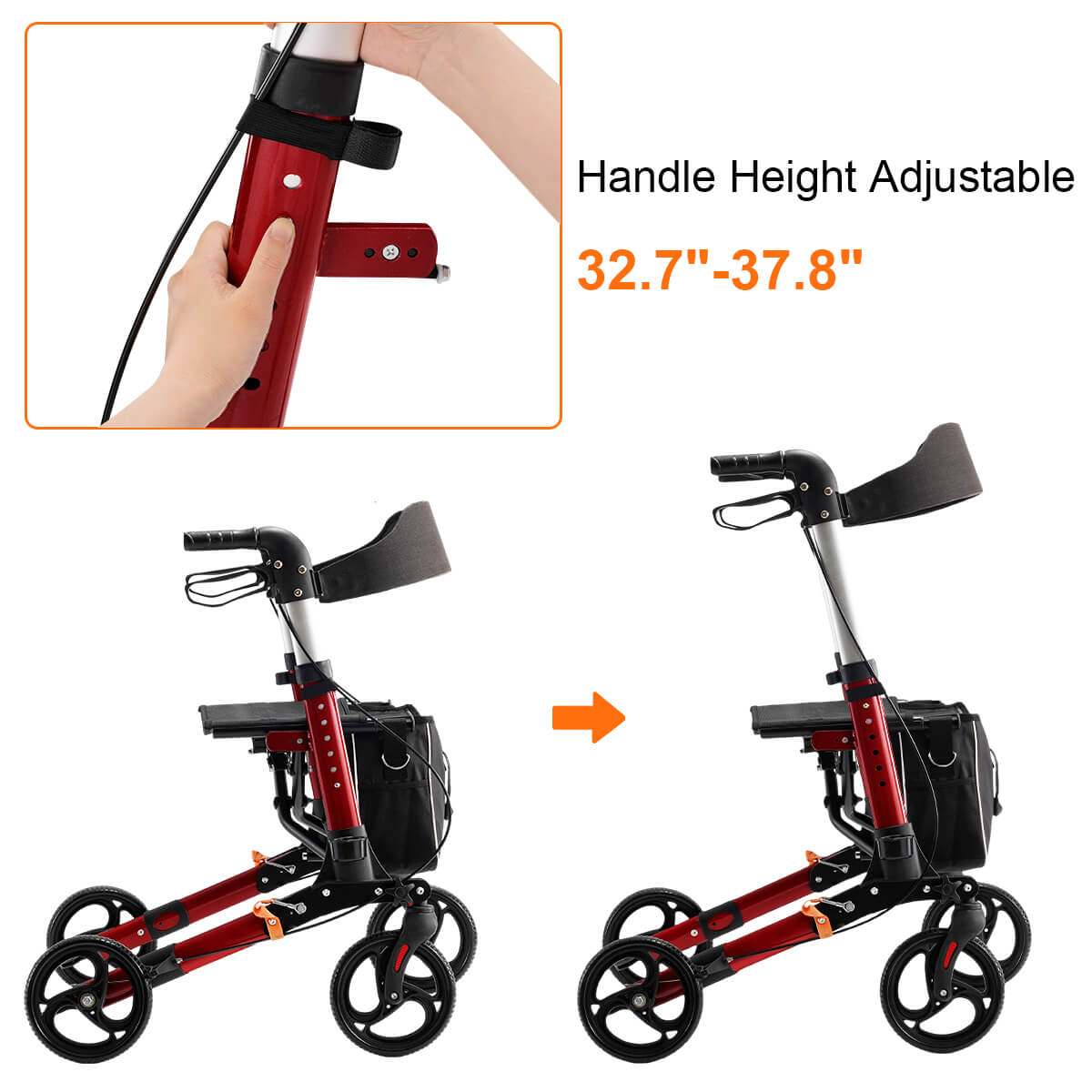 4-wheel lightweight foldable rollator walker with seat for seniors, all terrain, height adjustable, with storage bag, red