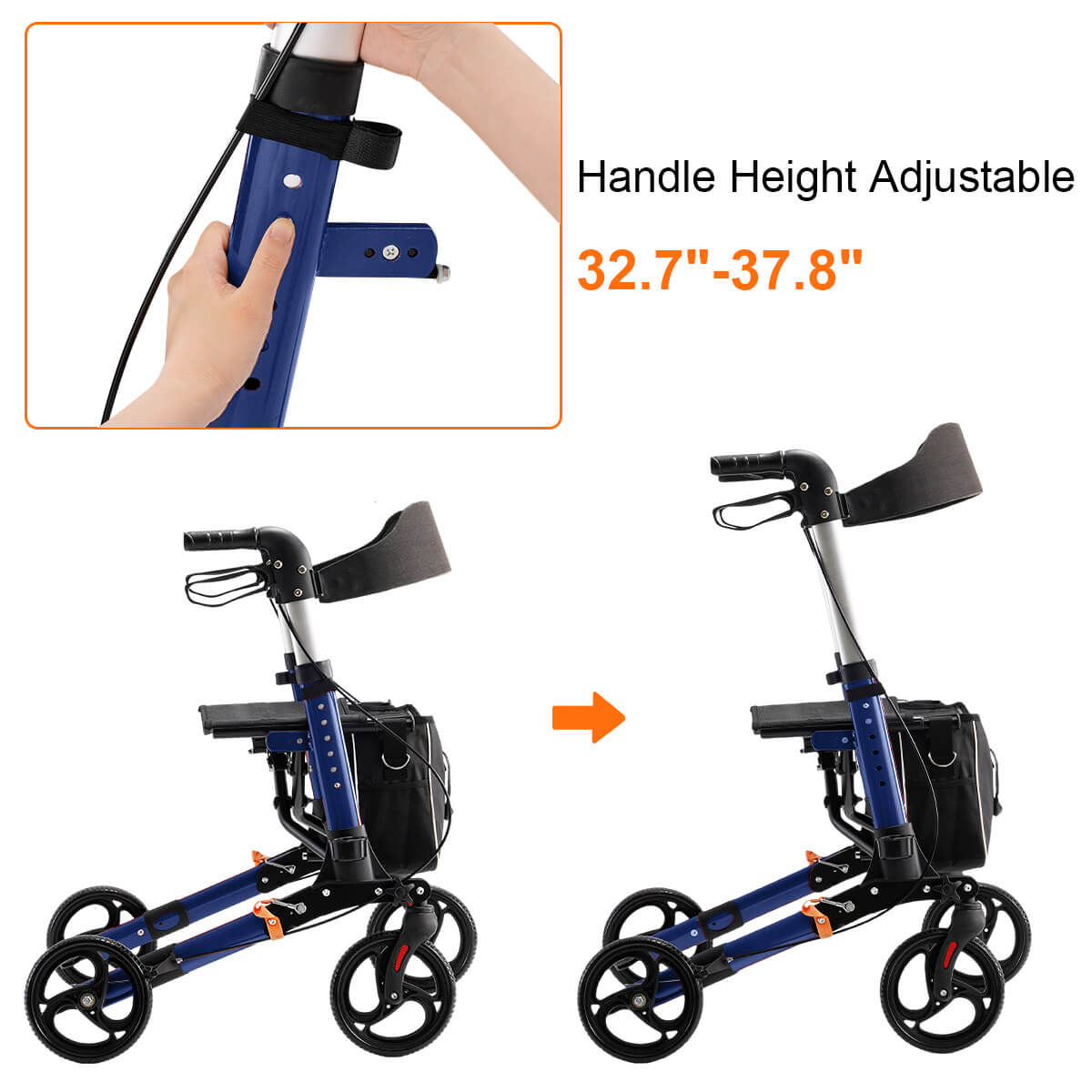 4-wheel lightweight foldable rollator walker with seat for seniors, all terrain, height adjustable, with storage bag, blue