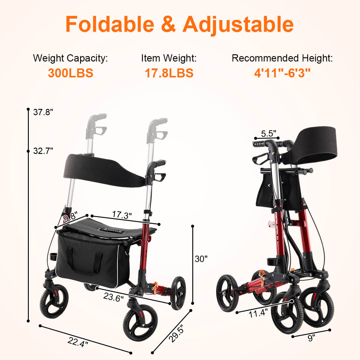 4-wheel lightweight foldable rollator walker with seat for seniors, all terrain, height adjustable, with storage bag, red