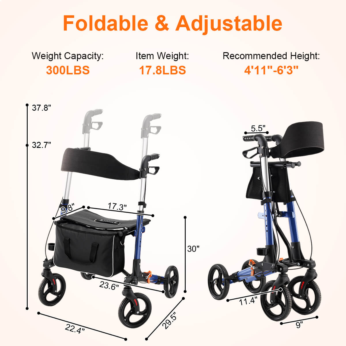 4-wheel lightweight foldable rollator walker with seat for seniors, all terrain, height adjustable, with storage bag, blue, size