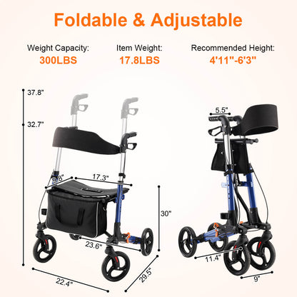 4-wheel lightweight foldable rollator walker with seat for seniors, all terrain, height adjustable, with storage bag, blue, size