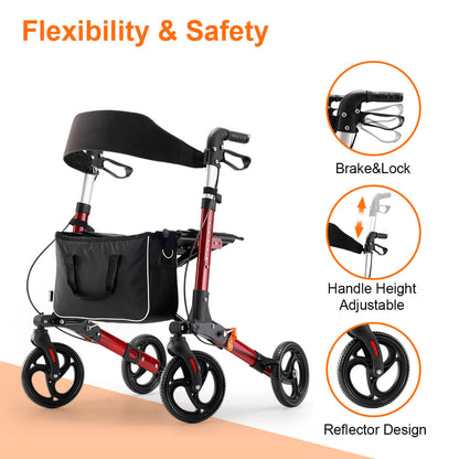 4-wheel lightweight foldable rollator walker with seat for seniors, all terrain, height adjustable, with storage bag, red