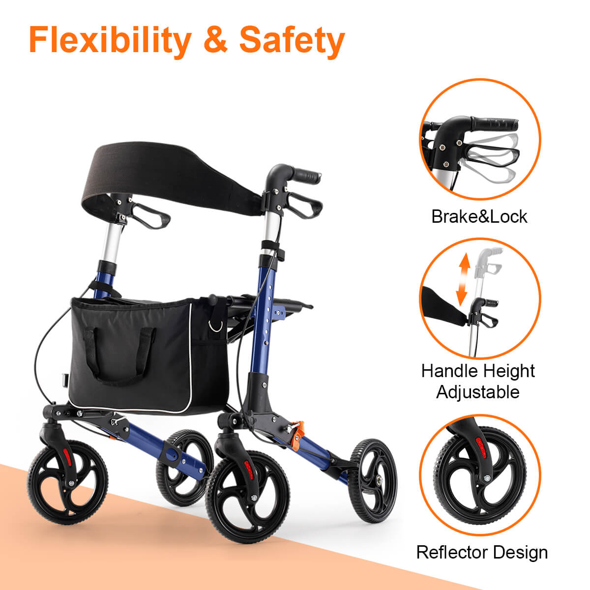 4-wheel lightweight foldable rollator walker with seat for seniors, all terrain, height adjustable, with storage bag, blue