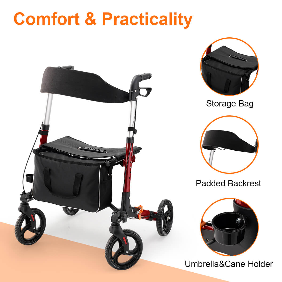 4-wheel lightweight foldable rollator walker with seat for seniors, all terrain, height adjustable, with storage bag, red