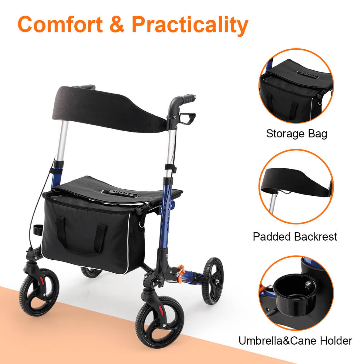 4-wheel lightweight foldable rollator walker with seat for seniors, all terrain, height adjustable, with storage bag, blue