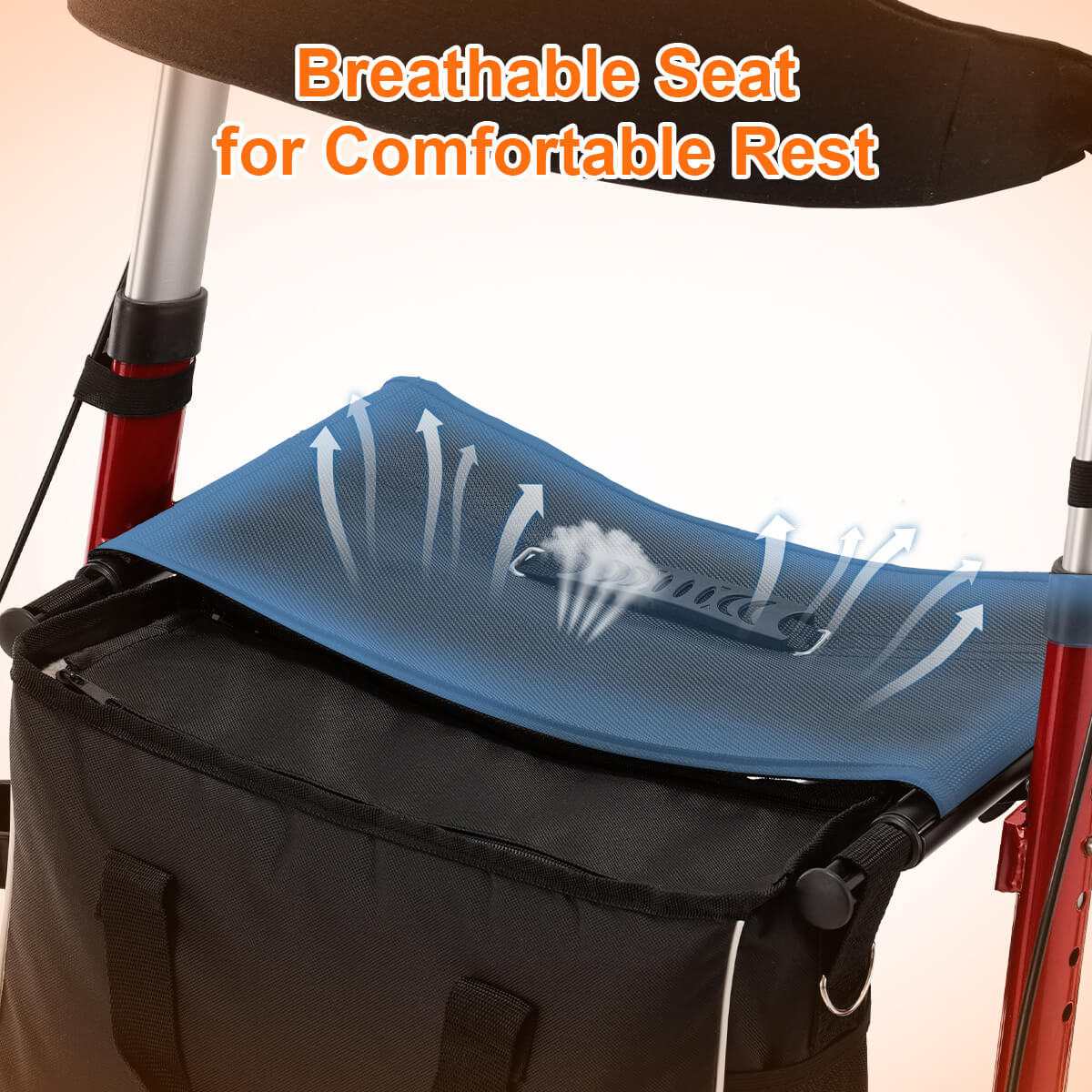 4-wheel lightweight foldable rollator walker with seat for seniors, all terrain, height adjustable, with storage bag, red