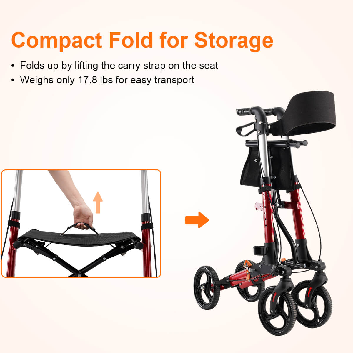 4-wheel lightweight foldable rollator walker with seat for seniors, all terrain, height adjustable, with storage bag, red
