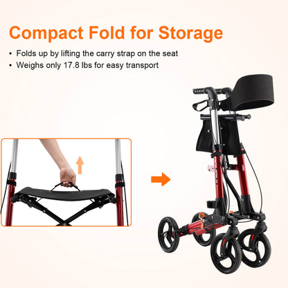 4-wheel lightweight foldable rollator walker with seat for seniors, all terrain, height adjustable, with storage bag, red