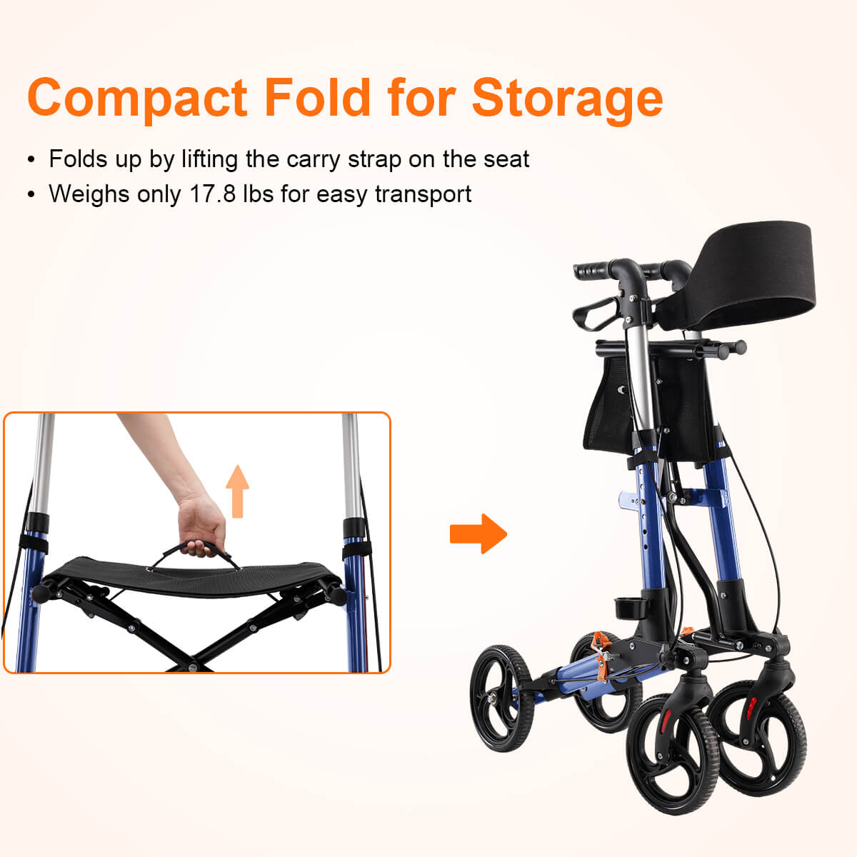 4-wheel lightweight foldable rollator walker with seat for seniors, all terrain, height adjustable, with storage bag, blue