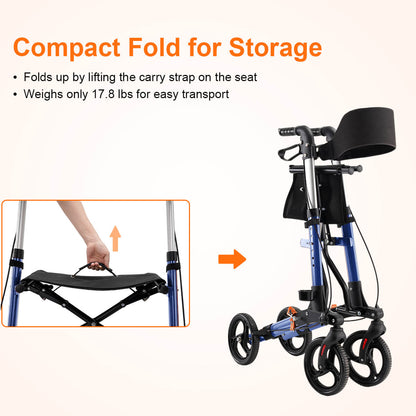 4-wheel lightweight foldable rollator walker with seat for seniors, all terrain, height adjustable, with storage bag, blue