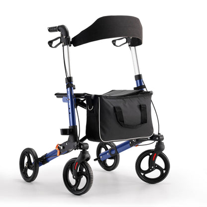 4-wheel lightweight foldable rollator walker with seat for seniors, all terrain, height adjustable, with storage bag, blue