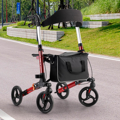 4-wheel lightweight foldable rollator walker with seat for seniors, all terrain, height adjustable, with storage bag, red