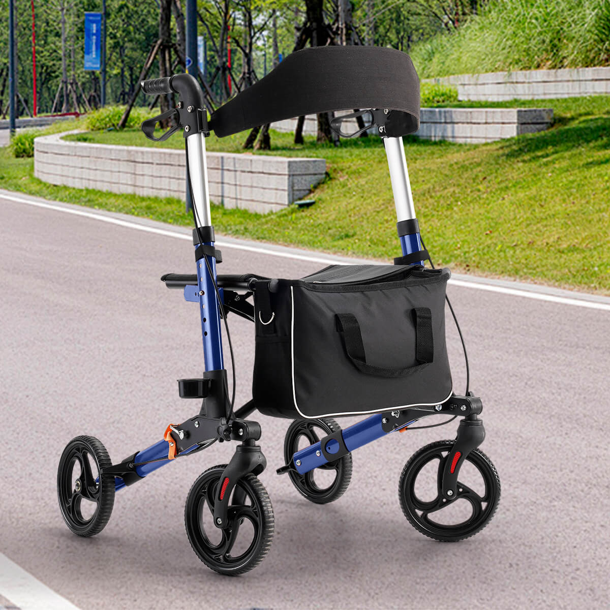 4-wheel lightweight foldable rollator walker with seat for seniors, all terrain, height adjustable, with storage bag, blue