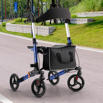4-wheel lightweight foldable rollator walker with seat for seniors, all terrain, height adjustable, with storage bag, blue