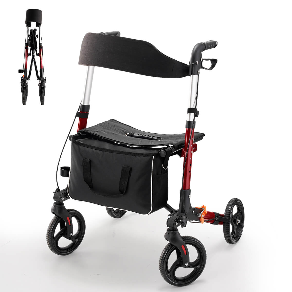 4-wheel lightweight foldable rollator walker with seat for seniors, all terrain, height adjustable, with storage bag, red