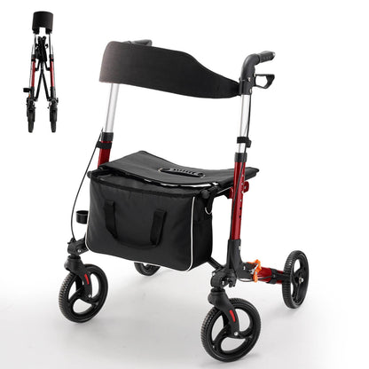 4-wheel lightweight foldable rollator walker with seat for seniors, all terrain, height adjustable, with storage bag, red