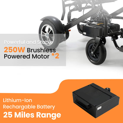 The electric wheelchair comes with a removable lithium battery that is easy to charge and has a range of 25 miles.