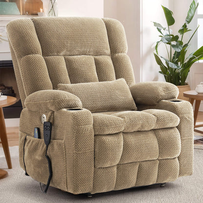 A beige textured recliner chair with a matching lumbar pillow, shown in a living room setting with a remote control hanging from the side pocket.