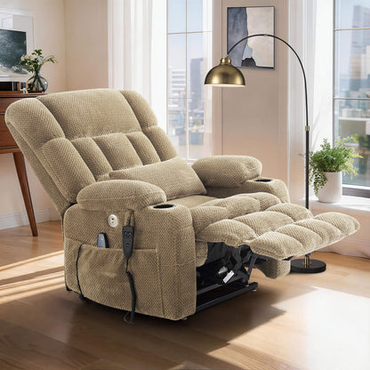 A plush beige recliner chair with a textured fabric, shown in a reclined position in a modern living room.