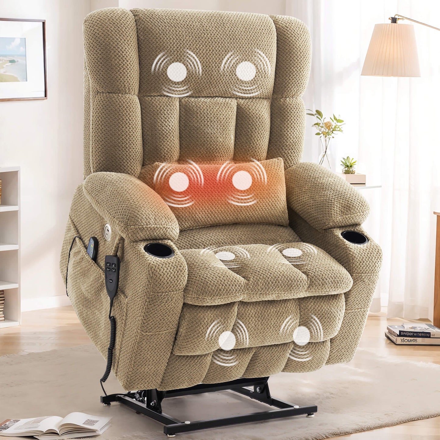 Extra wide seat lift recliner with vibration massage and lumbar heating, first choice chair for living room. The chair features a high back, padded headrest, cup holders in the armrests, and a matching lumbar pillow.