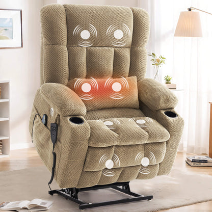 Extra wide seat lift recliner with vibration massage and lumbar heating, first choice chair for living room. The chair features a high back, padded headrest, cup holders in the armrests, and a matching lumbar pillow.